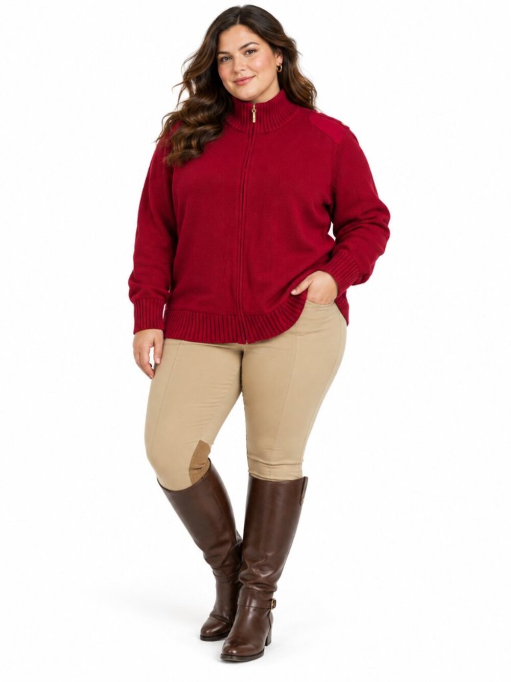 Lauren Ralph Lauren Full Zip Cardigan 3X Red Preppy‎ Equestrian Shoulder Patch